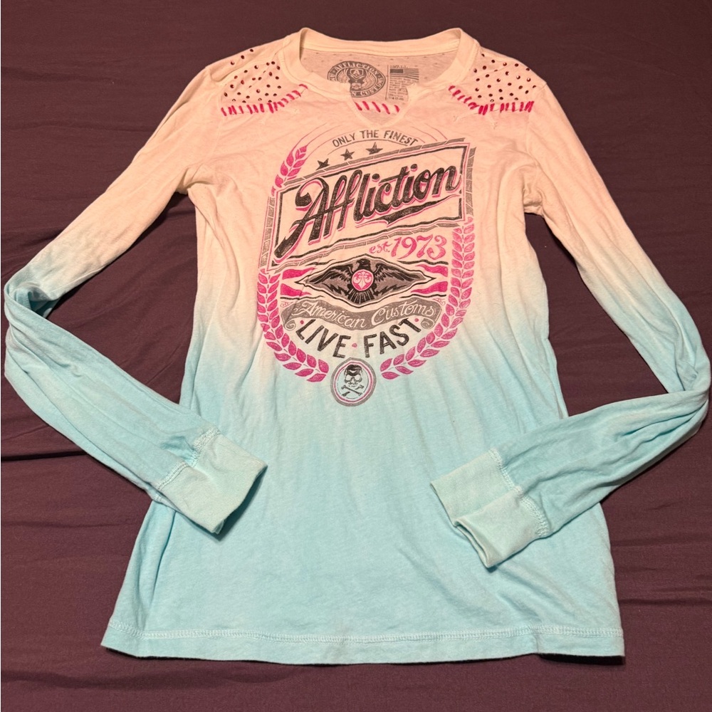 Affliction Women's Blue and White Long Sleeve Top